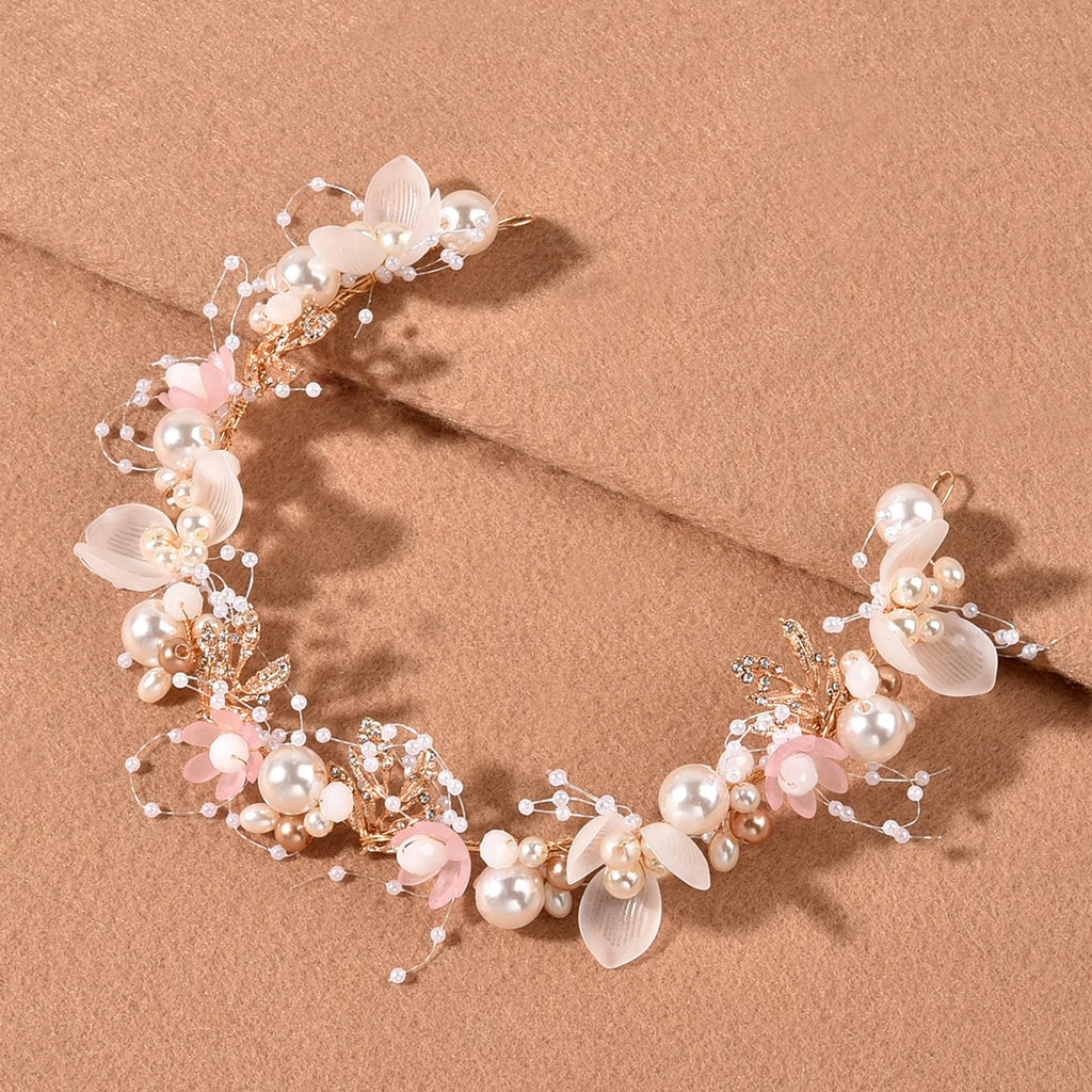 KAYZON Kids Flower Girl Pearl Headband - Pink Princess Hair Accessory for Weddings