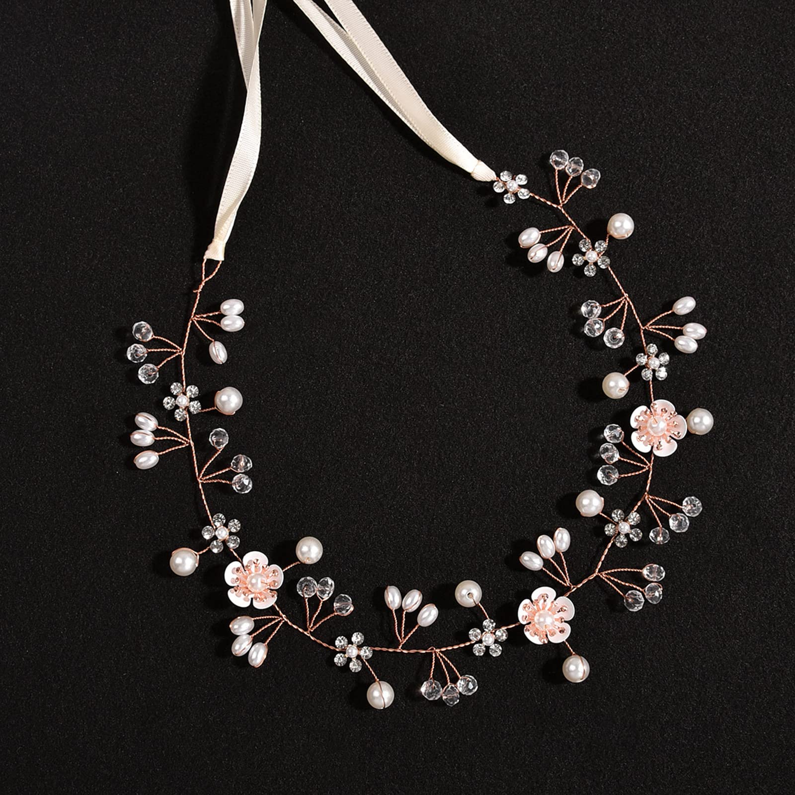 KAYZON Flower Girl Headpiece Rose Gold — Pearl and Flower Bridal Hair Accessory