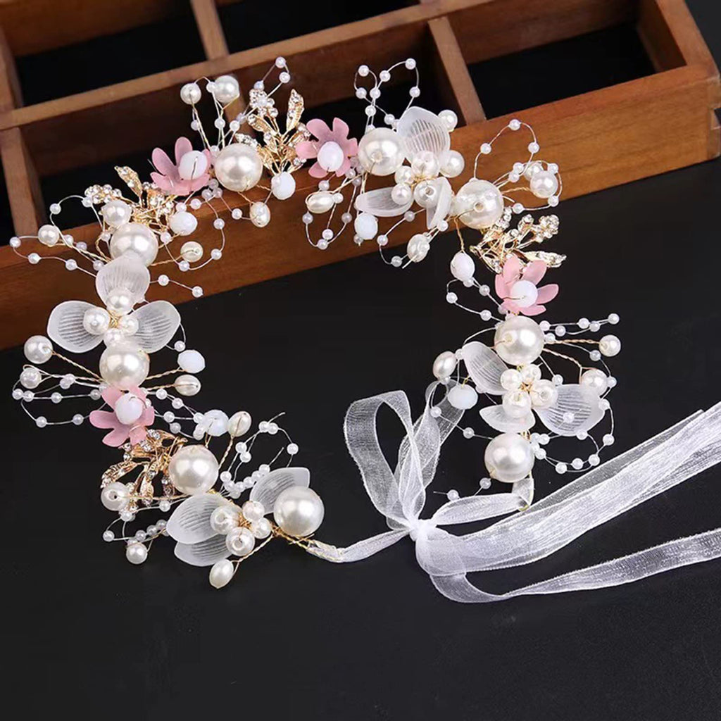 KAYZON Kids Flower Girl Pearl Headband - Pink Princess Hair Accessory for Weddings
