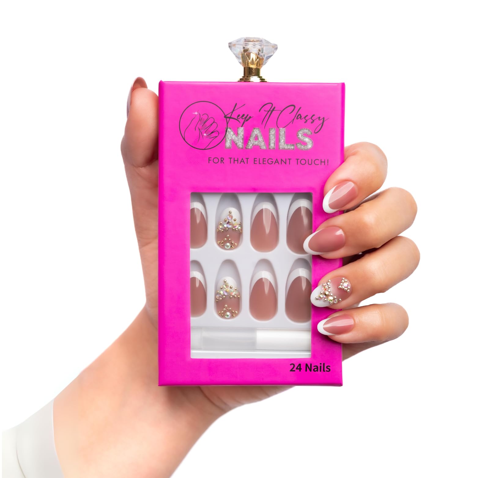 Keep It Classy French Stone Press-On Nails Kit – Rounded Short, 24 Nails, Reusable, Vegan & Non-Toxic