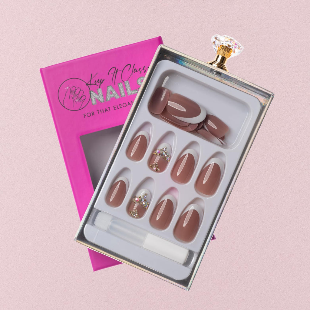 Keep It Classy French Stone Press-On Nails Kit – Rounded Short, 24 Nails, Reusable, Vegan & Non-Toxic