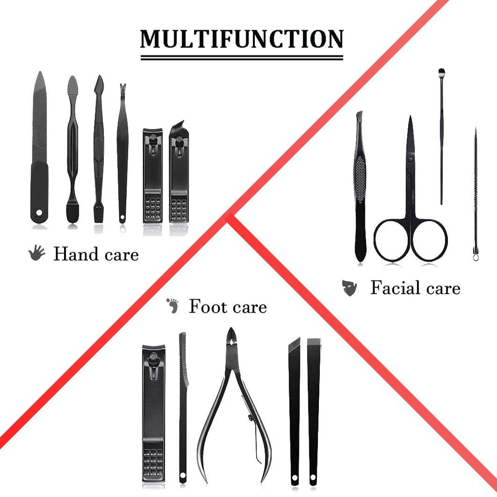 Keiby Citom 15pc Stainless Steel Nail Tools Set with Luxury Case – Manicure & Pedicure Kit (Black/Red)