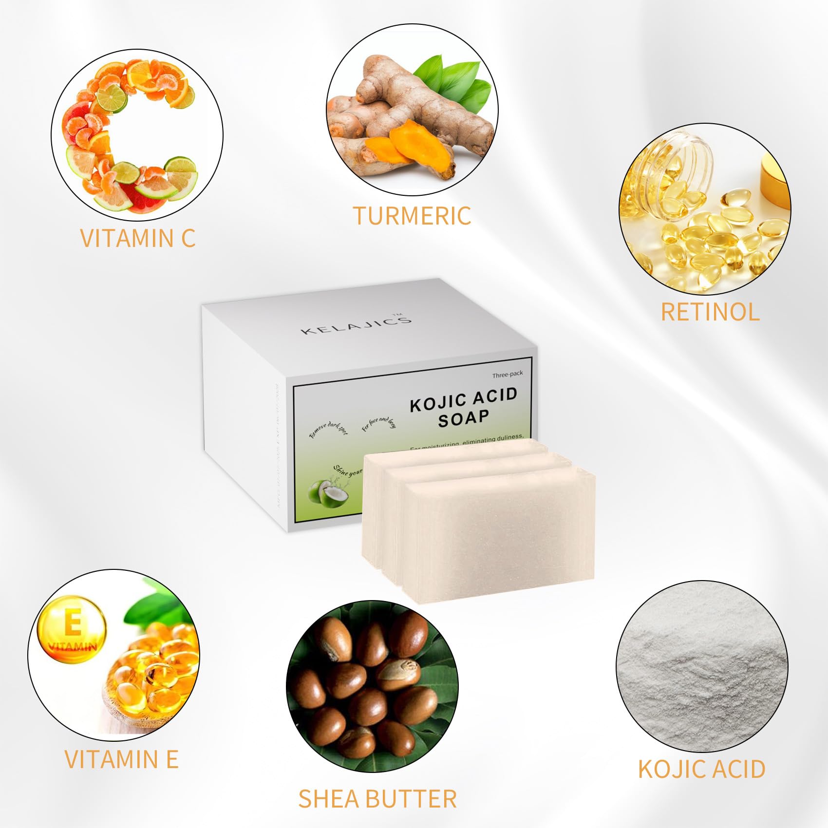 KELAJICS Kojic Acid Soap Bars with Retinol, Collagen & Vitamin C – 3 Pack