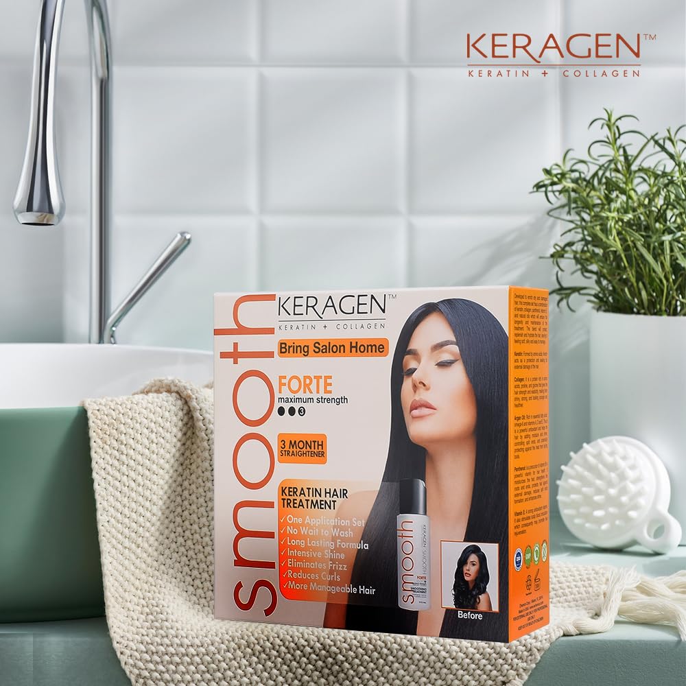 KERAGEN Brazilian Keratin Hair Smoothing – Express Home Blowout Kit with Forte Treatment