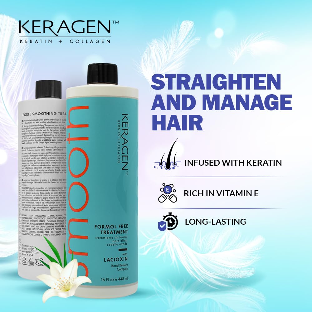 Keragen Brazilian Keratin Smoothing Treatment - Formaldehyde-Free Blowout for Frizzy, Dry, or Damaged Hair | Fine to Medium Hair | 16 oz