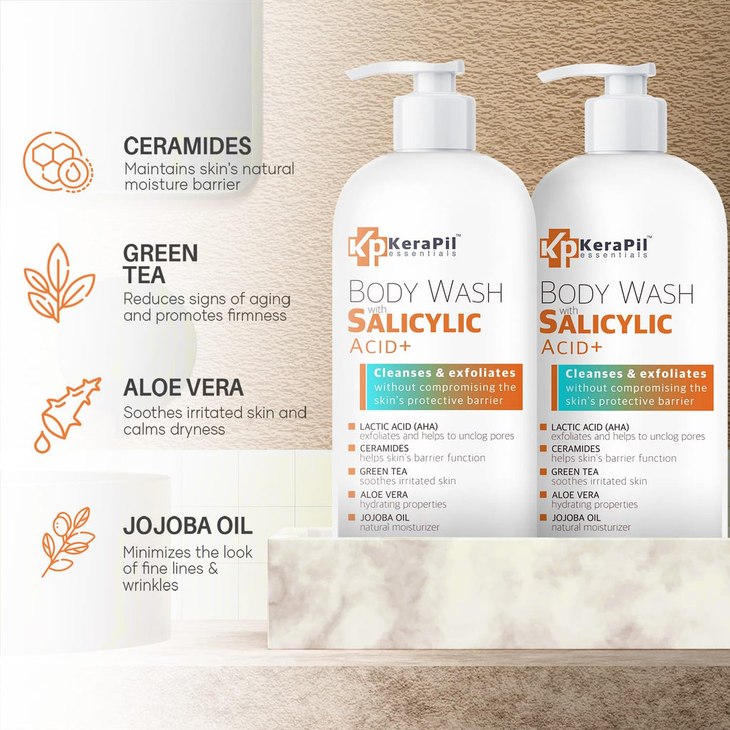 KERAPIL Salicylic Acid Body Wash – Gentle Exfoliation for Rough Skin & KP Unscented USA Made (2 x 16 oz)