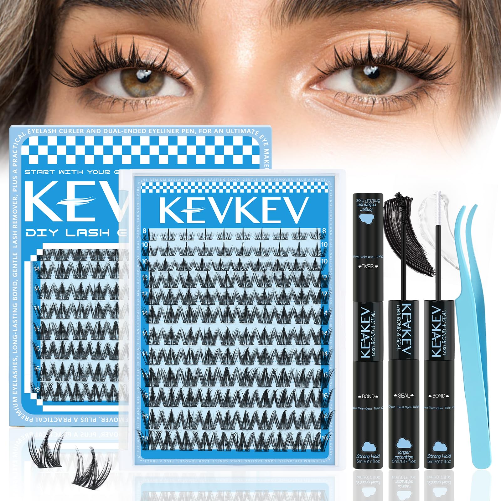 KevKev Fairy Lash Clusters Kit – Manga Lash Extensions with Invisible Band, Bond & Seal, Tweezers