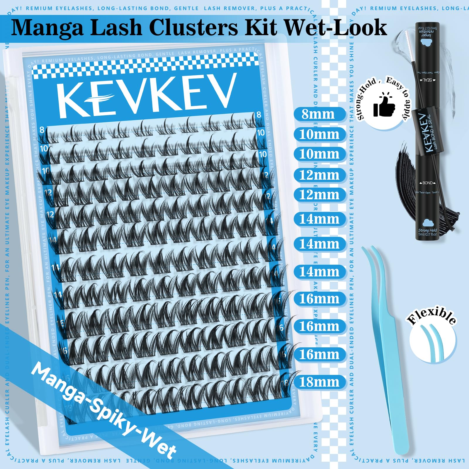KevKev Fairy Lash Clusters Kit – Manga Lash Extensions with Invisible Band, Bond & Seal, Tweezers