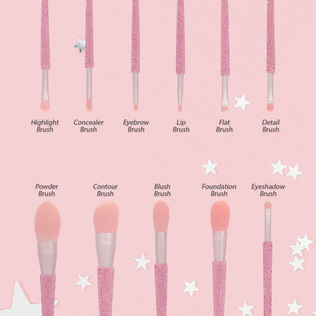 KEYPOWER 11-Piece Professional Makeup Brush Set with Rhinestones – Pink