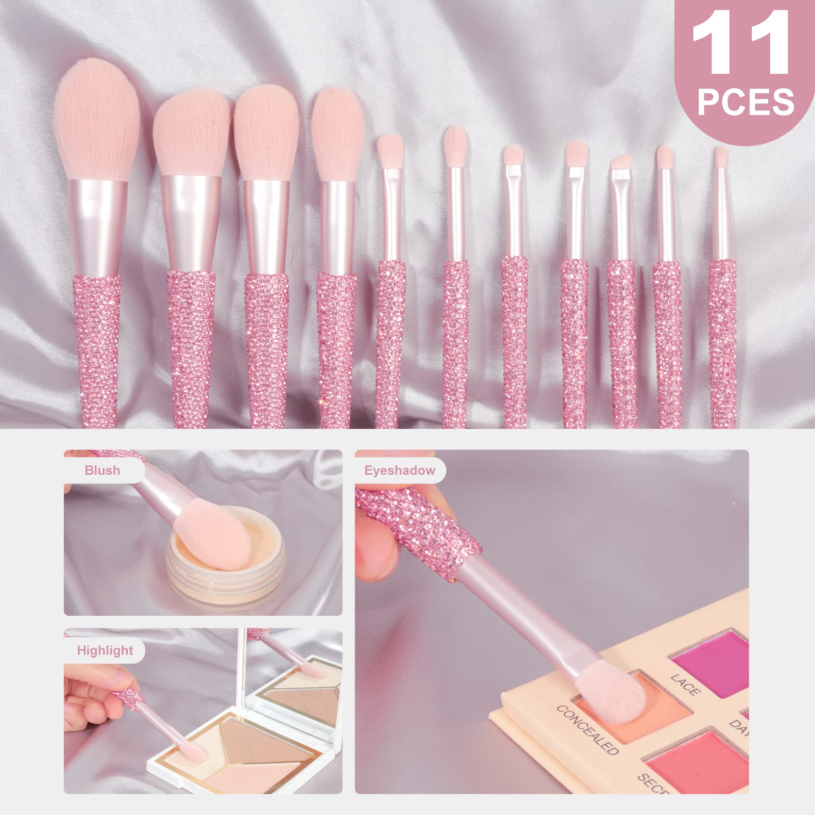 KEYPOWER 11-Piece Professional Makeup Brush Set with Rhinestones – Pink