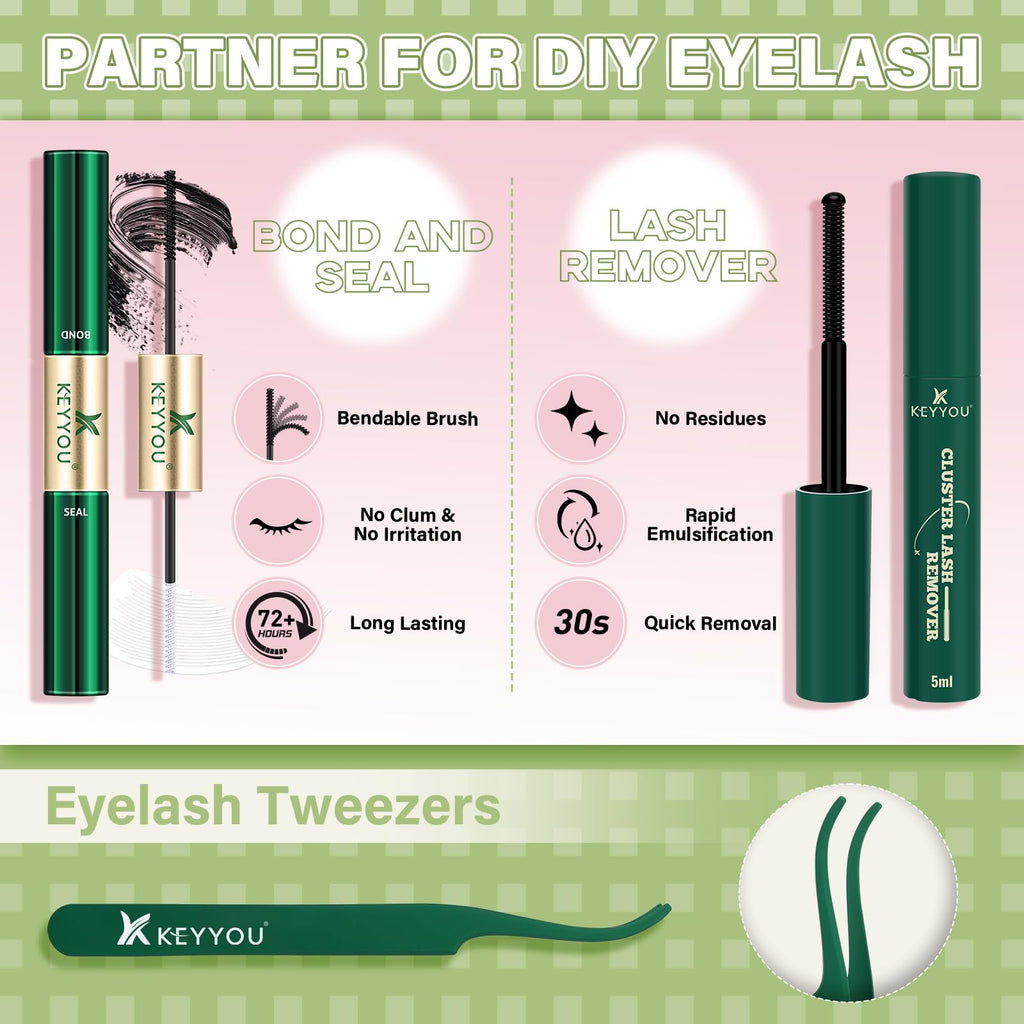 KEYYOU Angel Lash Clusters Kit – D Curl 144Pcs, Invisible Band, Waterproof DIY Lash Kit