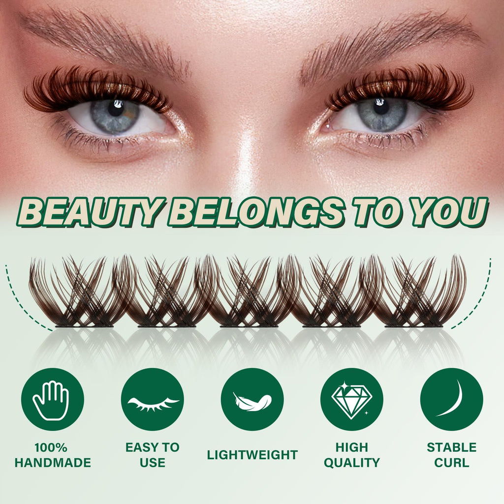 KEYYOU Brown Lash Clusters 144pcs – 8-18mm Mix, D Curl, DIY Lash Extensions at Home