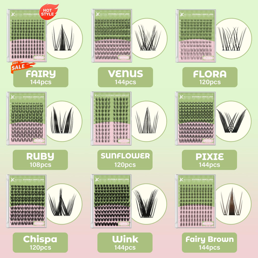 KEYYOU Fairy Chispa Lash Clusters Kit – D Curl 120Pcs Invisible Band Lashes for DIY Home Use