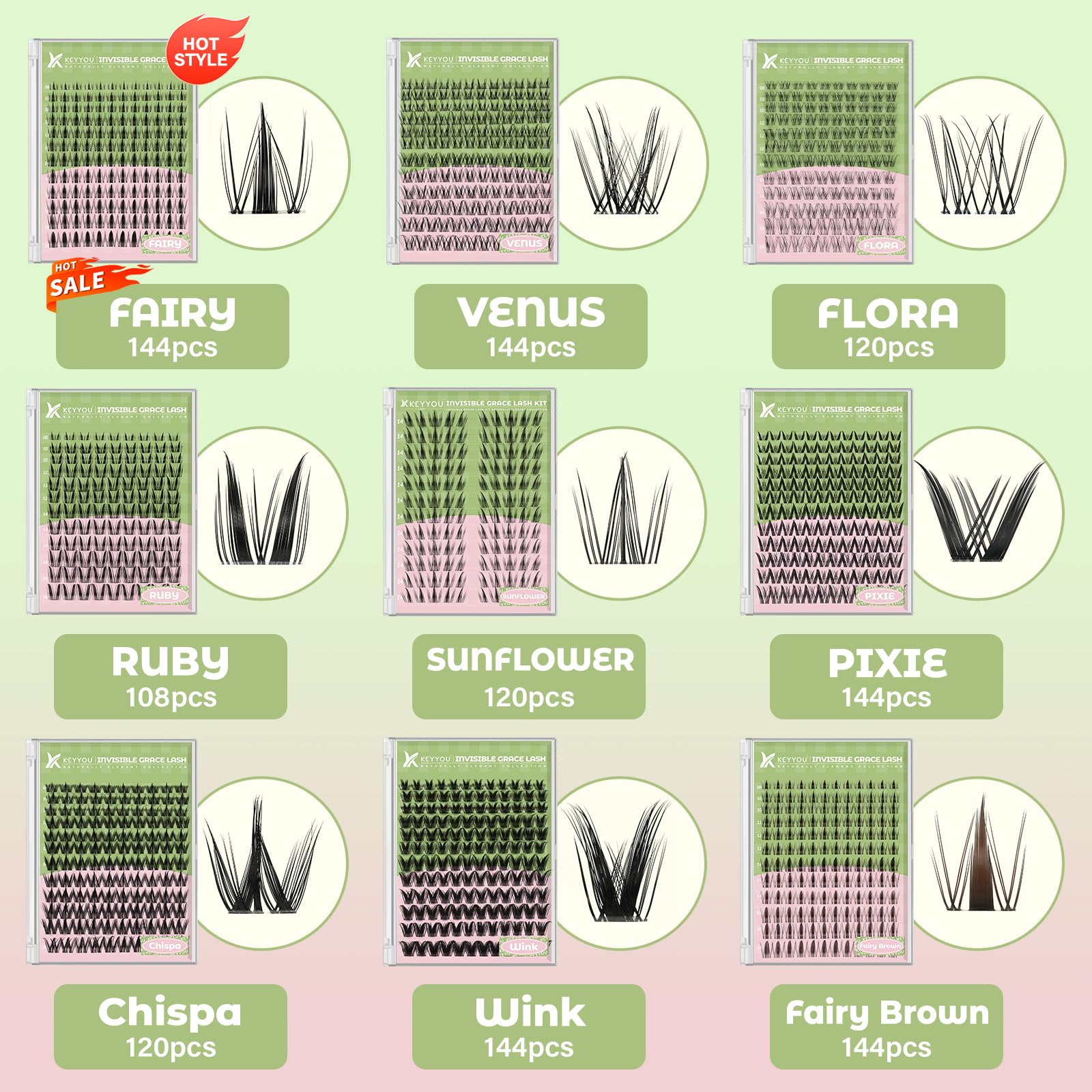 KEYYOU Fairy Brown Lash Clusters Kit – D Curl, 144 Pcs, Invisible Band, Waterproof DIY Lash Extensions at Home