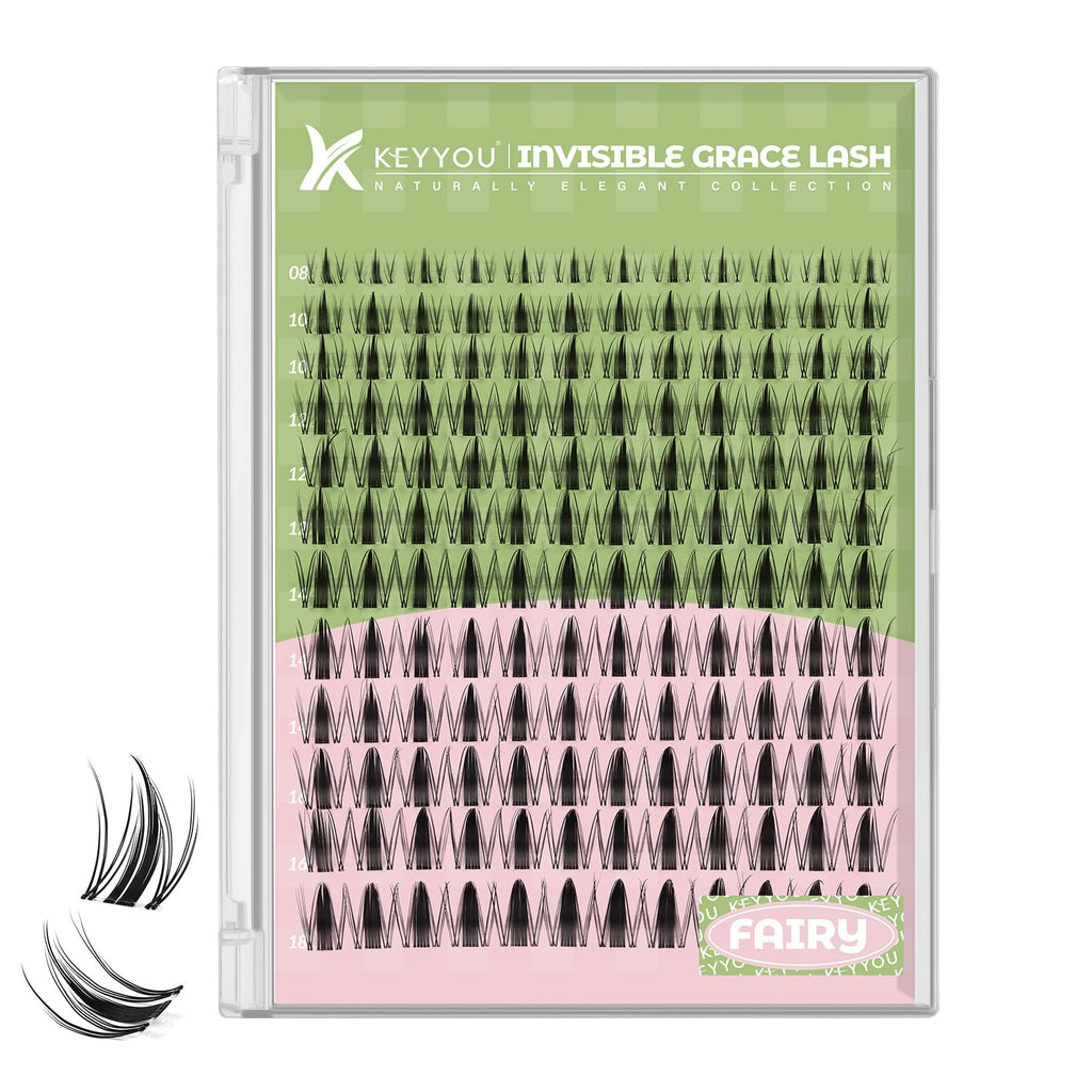 KEYYOU Fairy Lash Clusters 144Pcs | D Curl Manga Lashes, Invisible Band, Waterproof DIY Lash Extensions