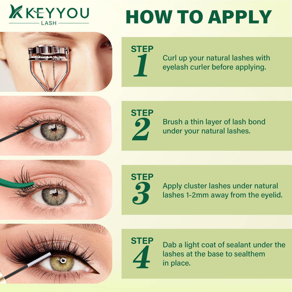 KEYYOU LASH Lash Clusters Kit F03 – Manga Lashes 8-18mm C Curl, 144pcs with Remover & Seal