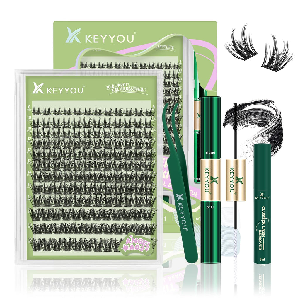 KEYYOU LASH Extension Kit 144Pcs Angel Lash Clusters – DIY Home Kit with Glue, Sealer, Tweezers & Remover