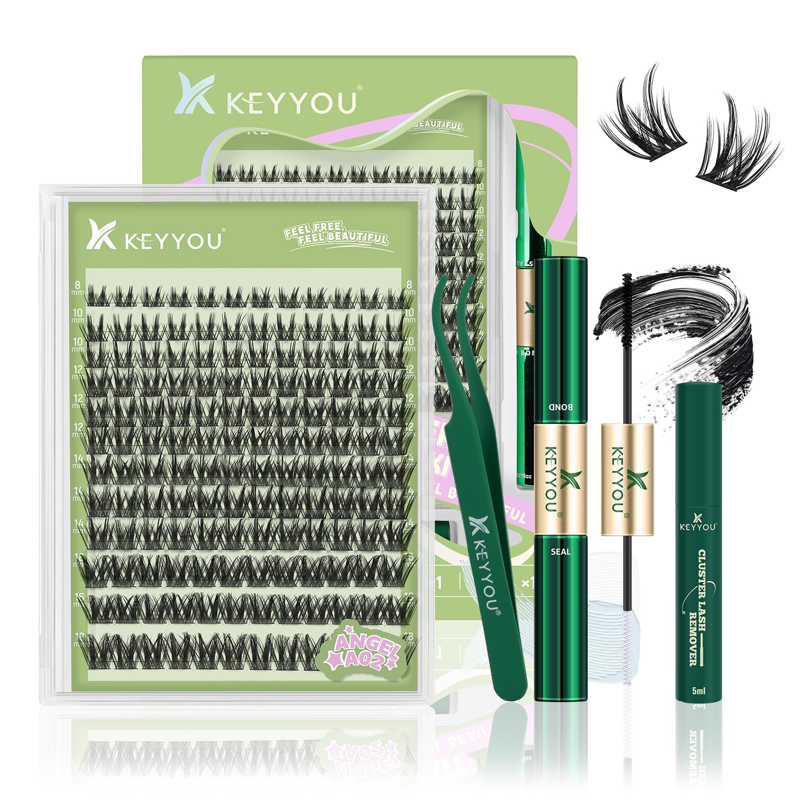 KEYYOU LASH Extension Kit 144Pcs Angel Lash Clusters – DIY Home Kit with Glue, Sealer, Tweezers & Remover