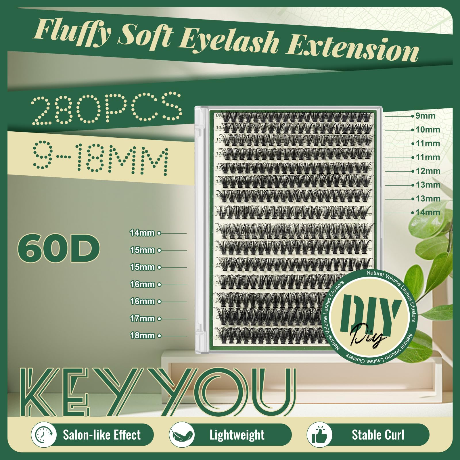 KEYYOU Lash Clusters 60D D Curl, 9–18mm MIX, 320Pcs – DIY Home Eyelash Extensions