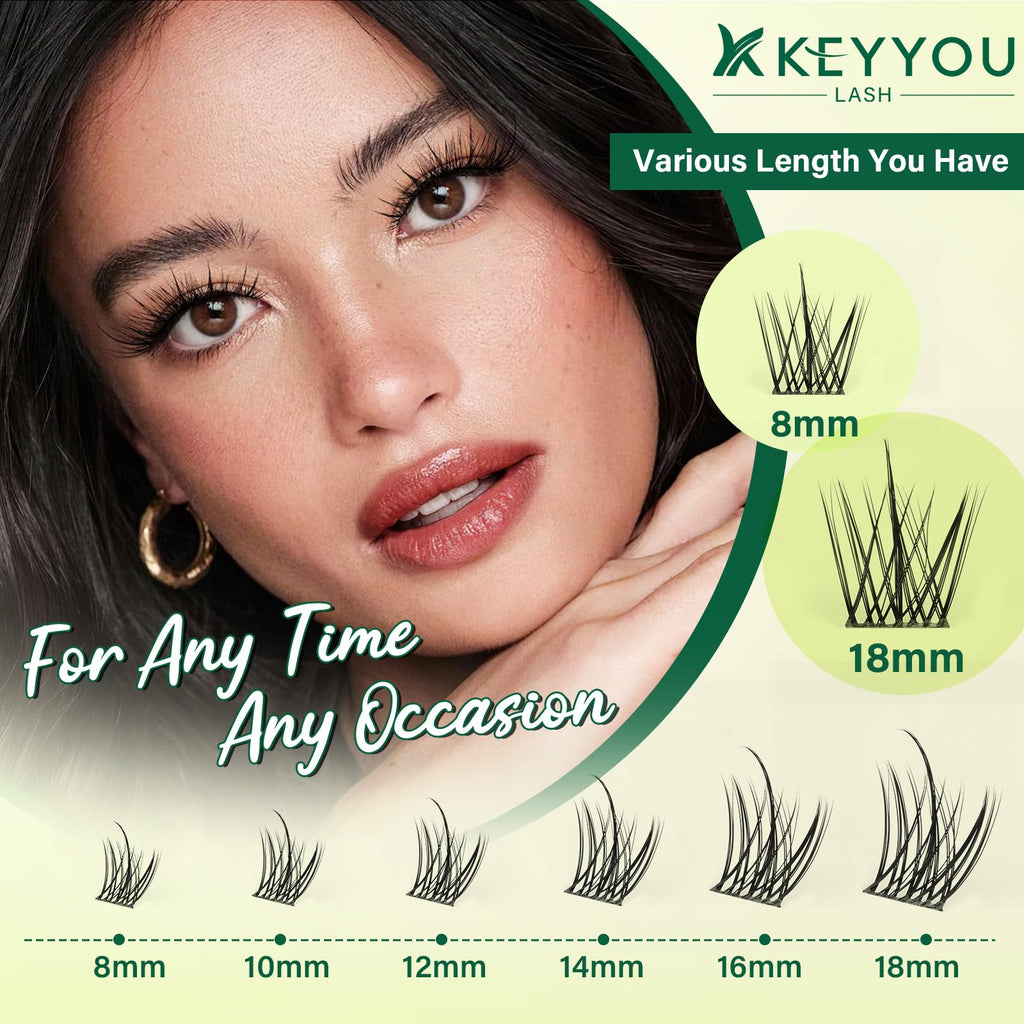 KEYYOU LASH Lash Clusters Kit F03 – Manga Lashes 8-18mm C Curl, 144pcs with Remover & Seal