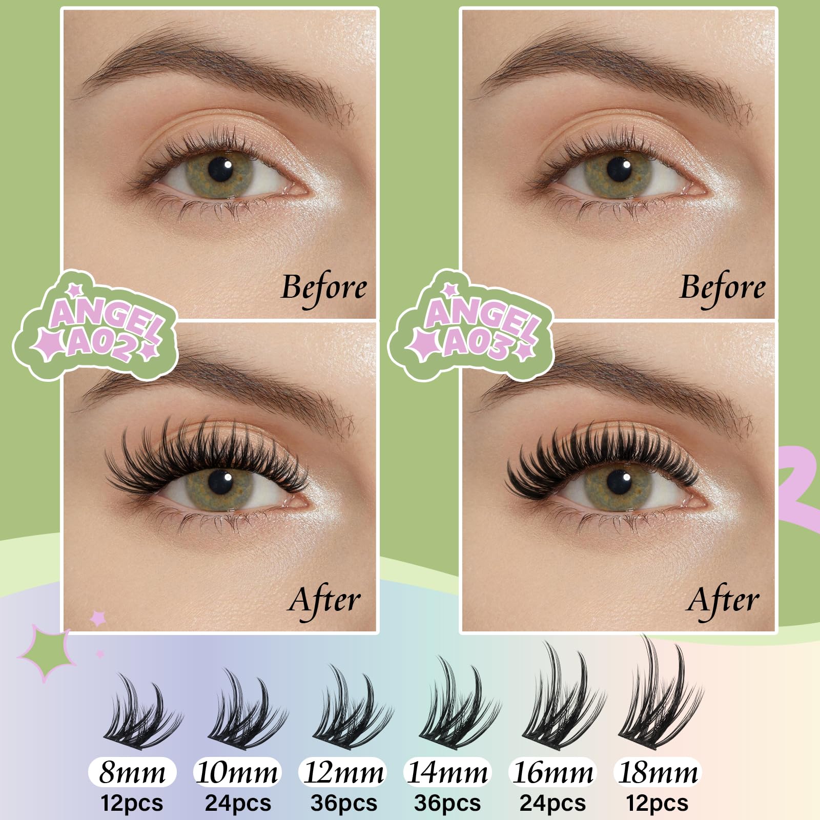 KEYYOU LASH Extension Kit 144Pcs Angel Lash Clusters – DIY Home Kit with Glue, Sealer, Tweezers & Remover