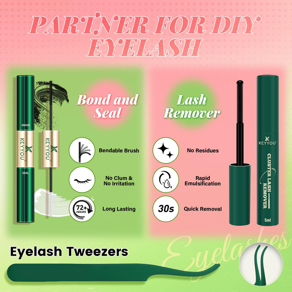 KEYYOU Venus Lash Clusters Kit – Invisible Band, C Curl 8-16 Mix, 120 Pcs for DIY Lash Extensions