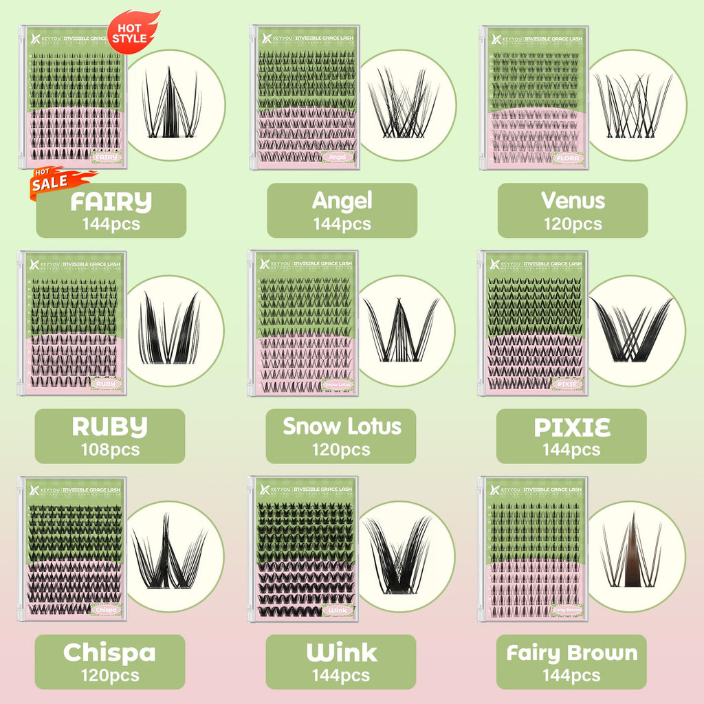 KEYYOU Angel Lash Clusters Kit – D Curl 144Pcs, Invisible Band, Waterproof DIY Lash Kit