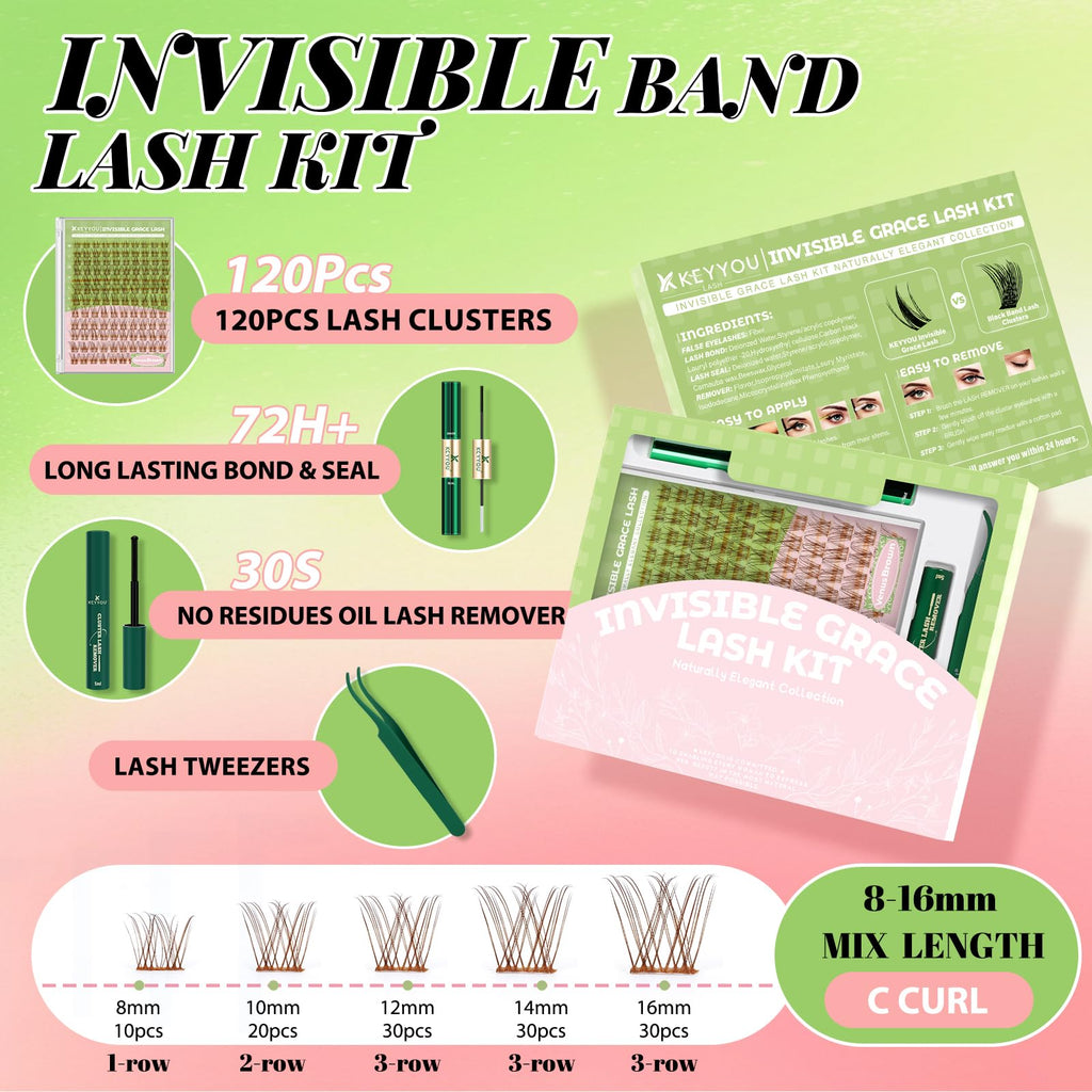 KEYYOU Venus Brown Lash Clusters Kit - C Curl 120 Pcs, Waterproof DIY Lash Extension at Home
