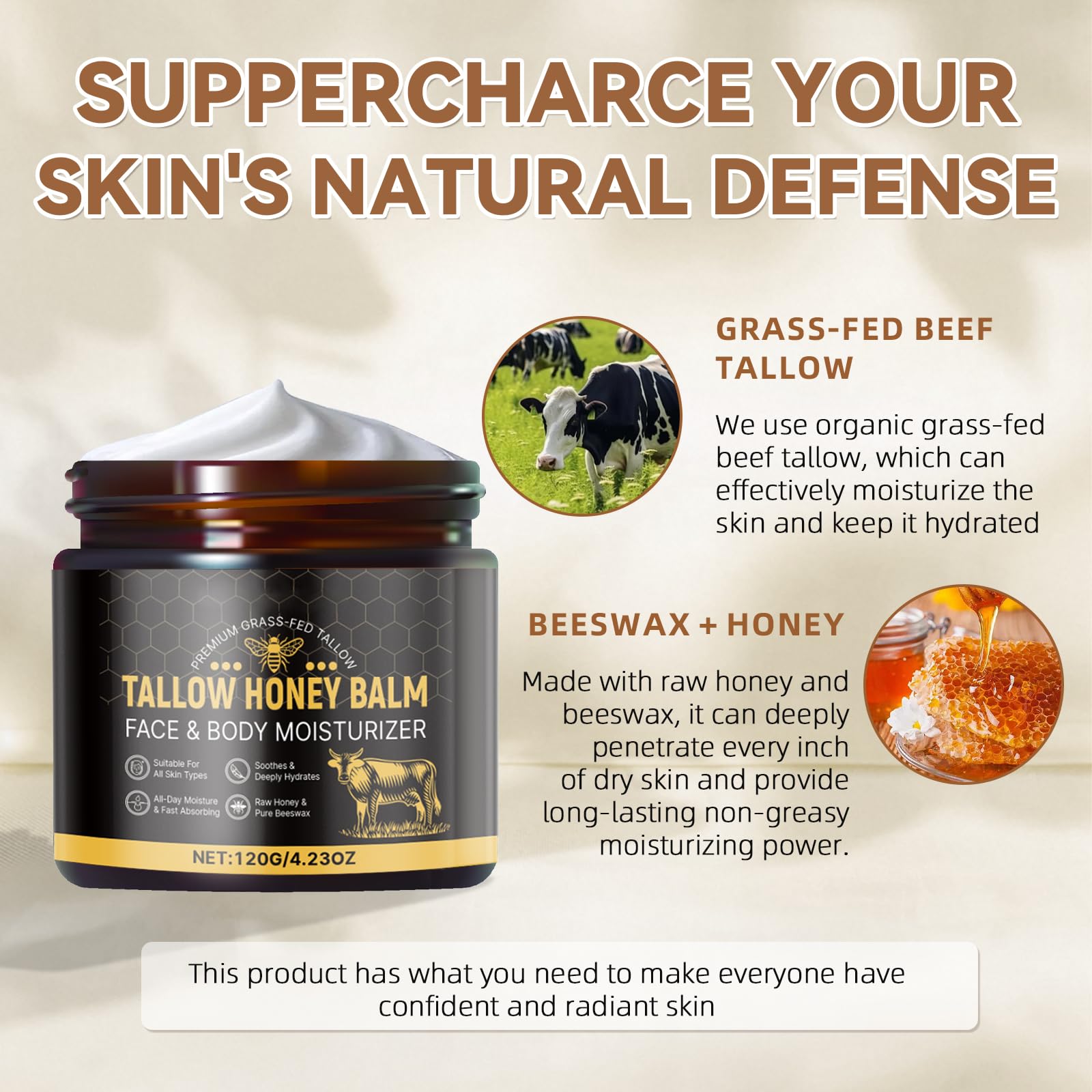 KGHWE Beef Tallow Moisturizer – Organic Grass-Fed Tallow with Honey & Beeswax (4.23 oz)