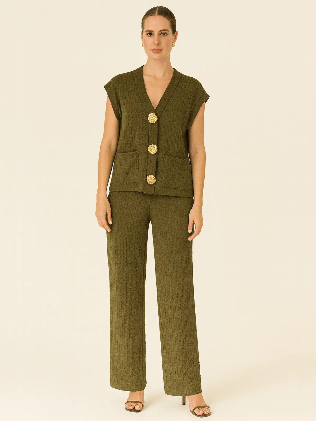 3-Gold Button Short Sleeve Set