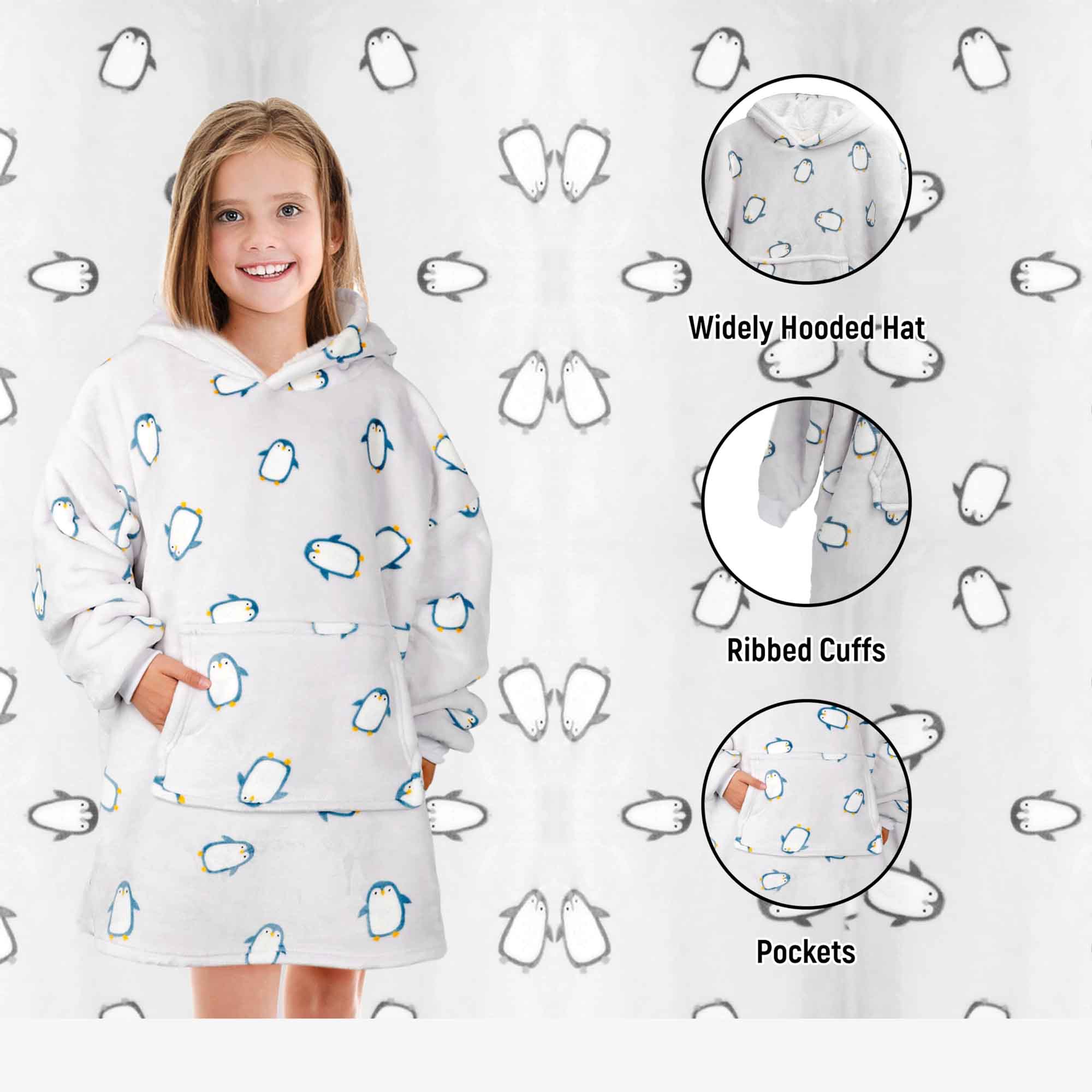 Daisy Dreamer Kids Oversized Hooded Penguin Blanket Hoodie Plush Flannel Fleece Super Soft Cotton Rich Essential