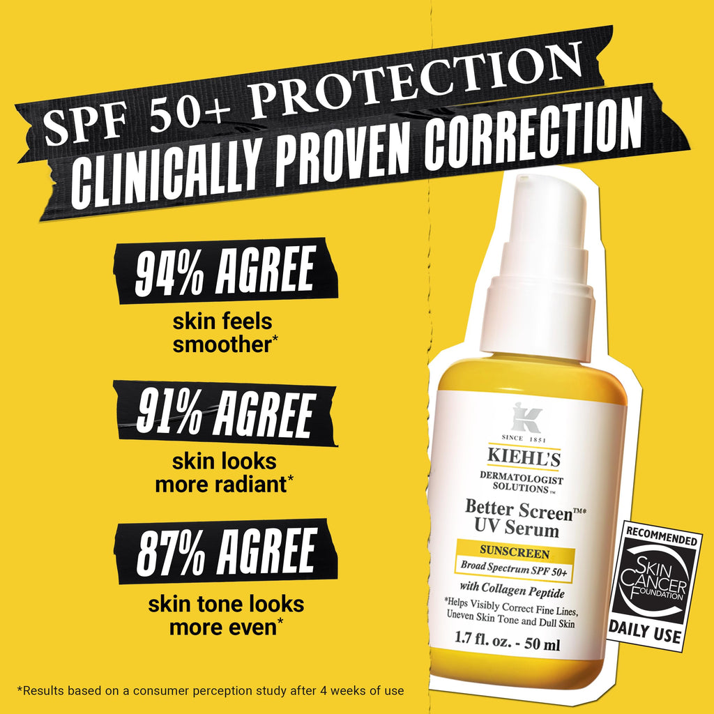 Kiehl's Better Screen UV Serum SPF 50+ — Invisible Facial Sunscreen with Collagen Peptide