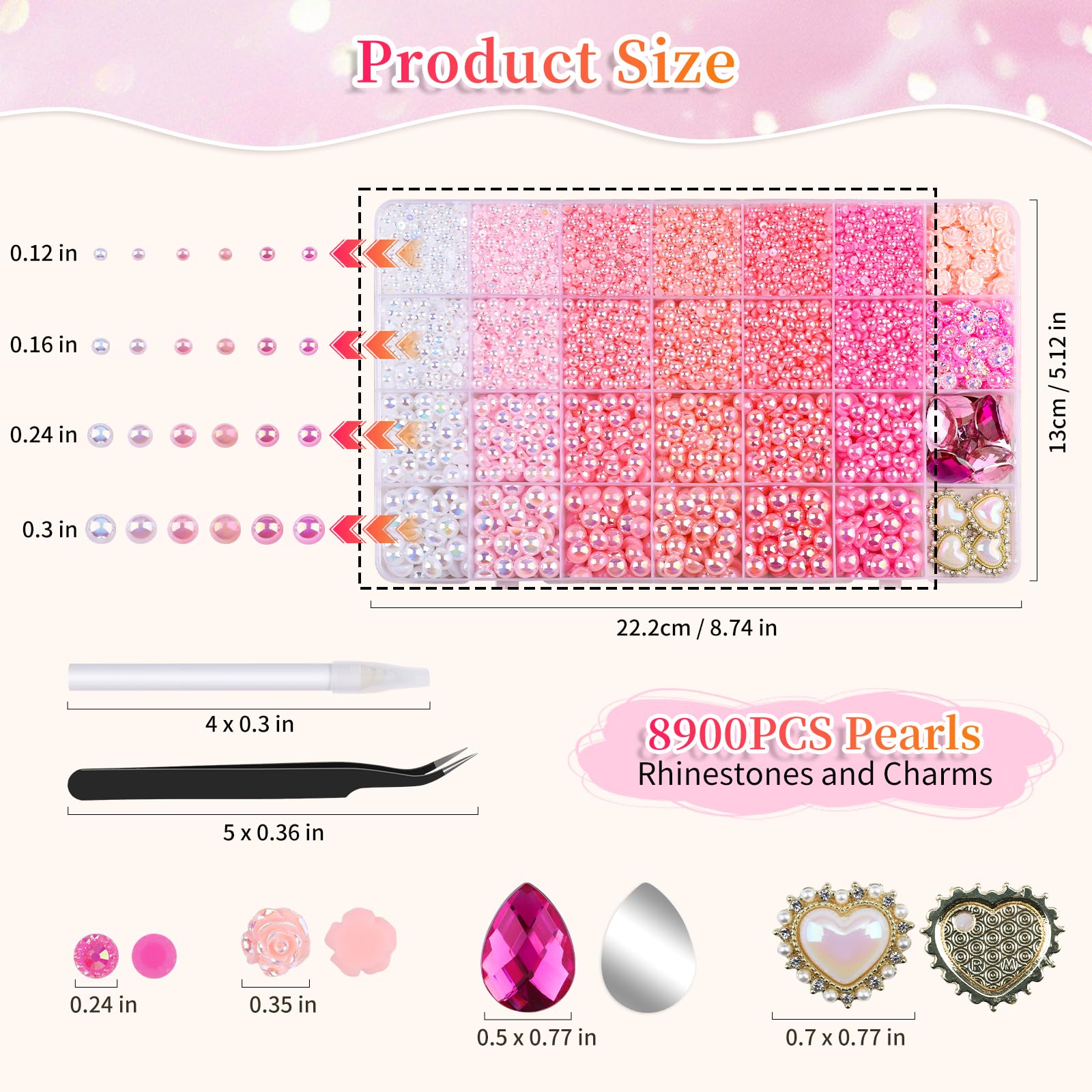 Kikonoke 8900Pcs Pink Gradient Flatback Pearls Set with 140+ Charms, Tweezer & Wax Pen for Nail Art & DIY Crafts