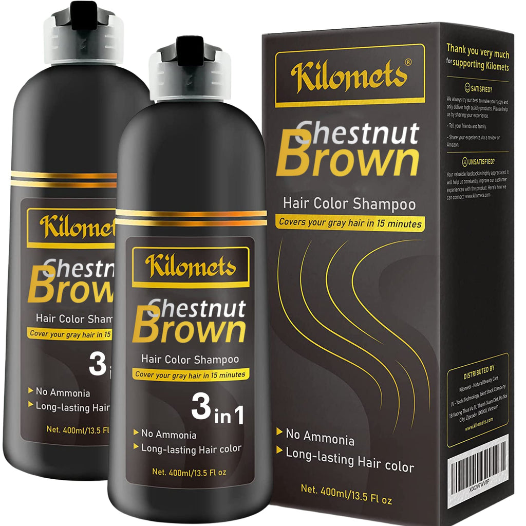 Kilomets Chestnut Hair Dye Shampoo 3-in-1 – Ammonia-Free Instant Grey Coverage (Chestnut Pack 2)