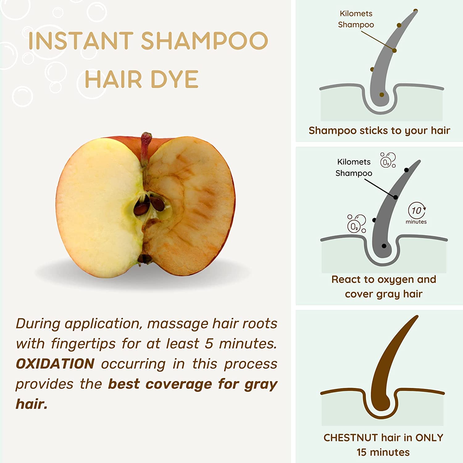 Kilomets Chestnut Hair Dye Shampoo 3-in-1 – Ammonia-Free Instant Grey Coverage (Chestnut Pack 2)