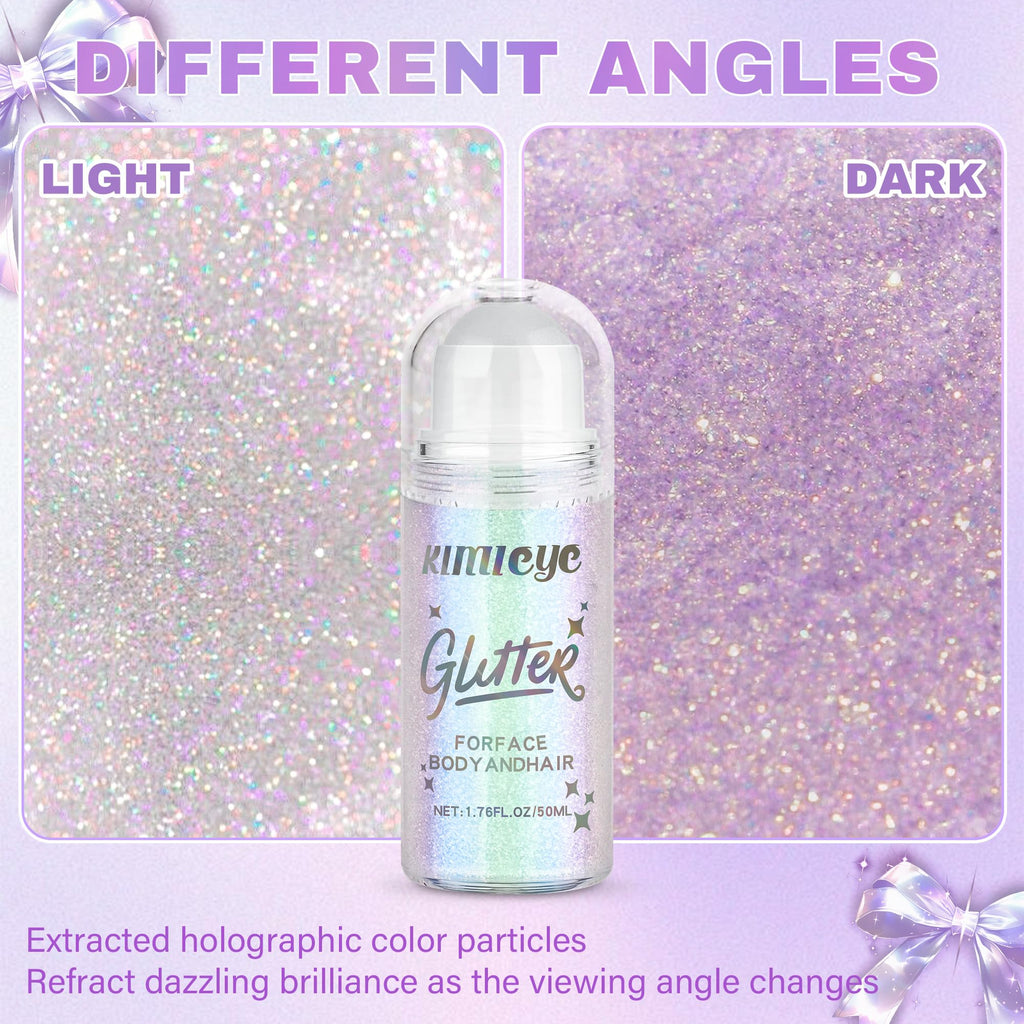 KIMIEYE Roll-on Glitter Gel for Face & Body – 1.69oz, Holographic Pink