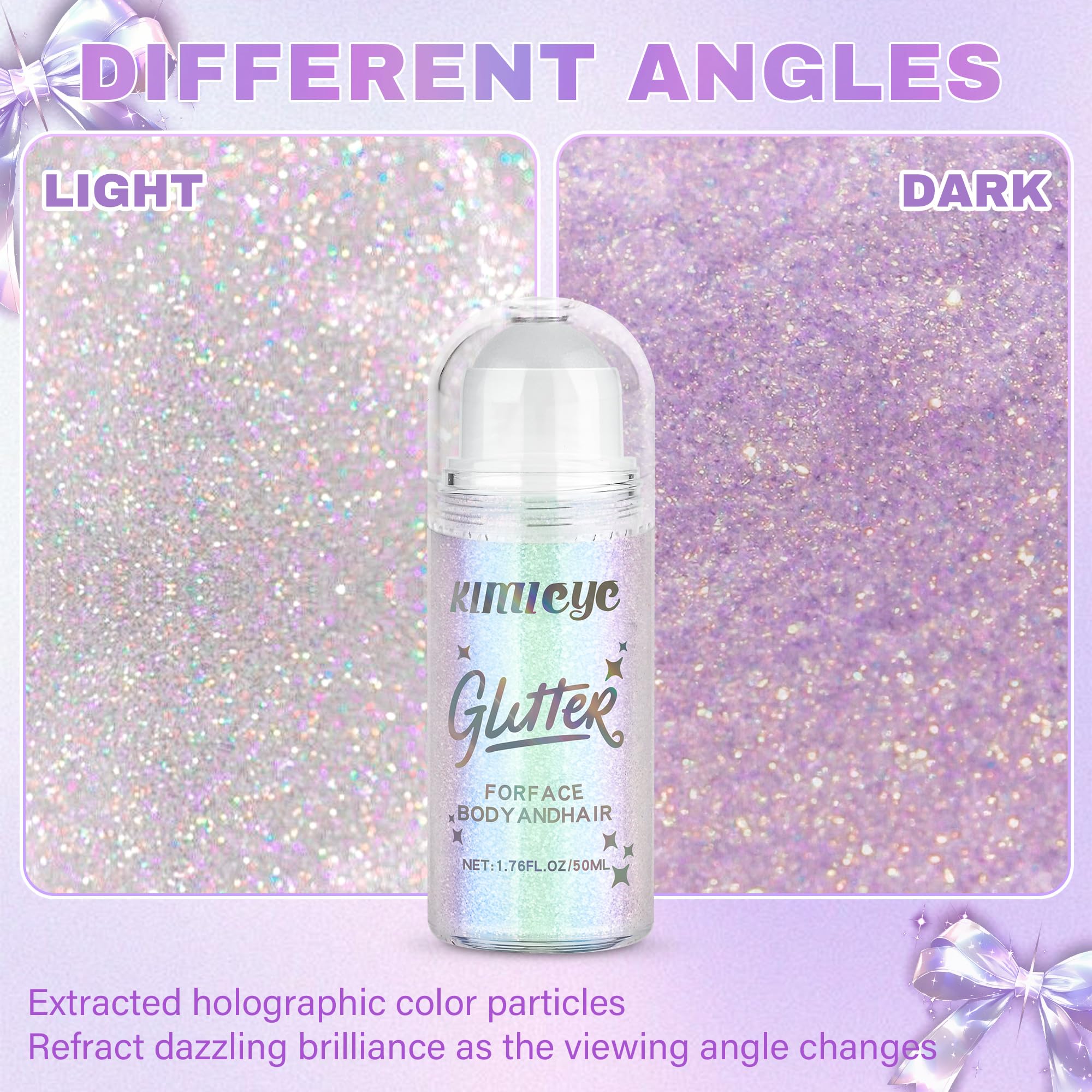 KIMIEYE Roll-on Glitter Gel for Face & Body – 1.69oz, Holographic Pink