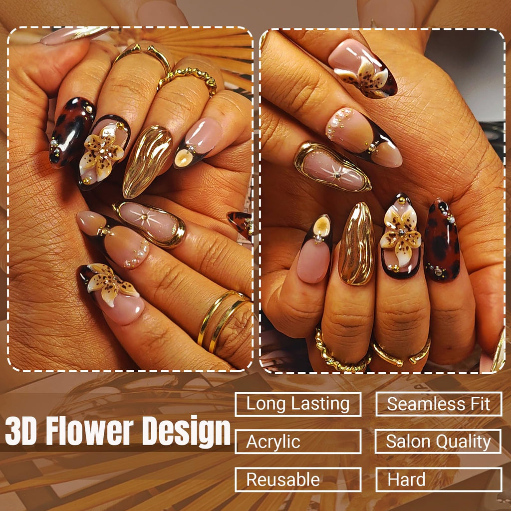 KimKista Amber Bloom-S Handmade Almond Press On Nails – 3D Flowers, Gold Chrome, Reusable Kit