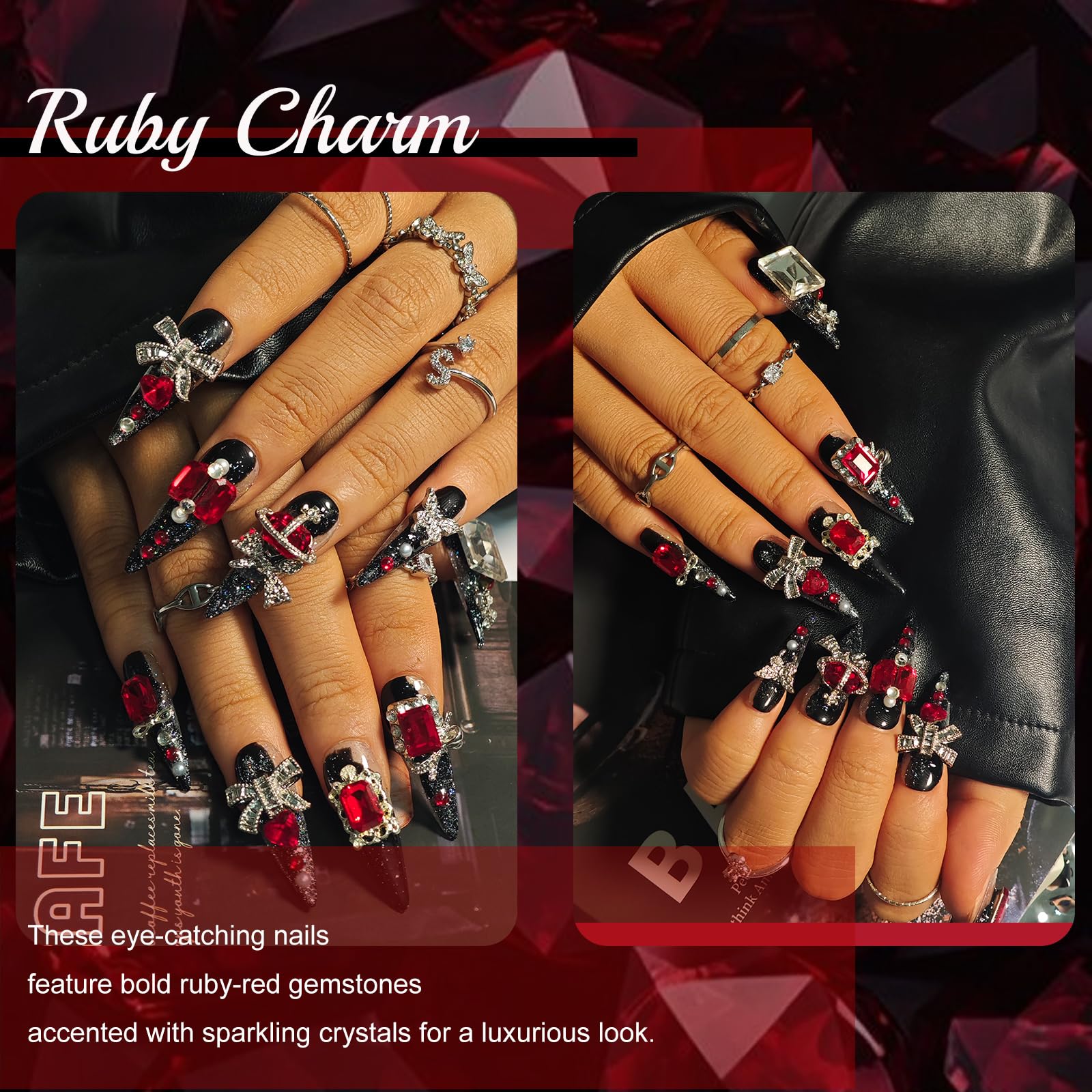 KimKista Handmade Stiletto Press-On Nails – Black Goth with Red Rhinestones