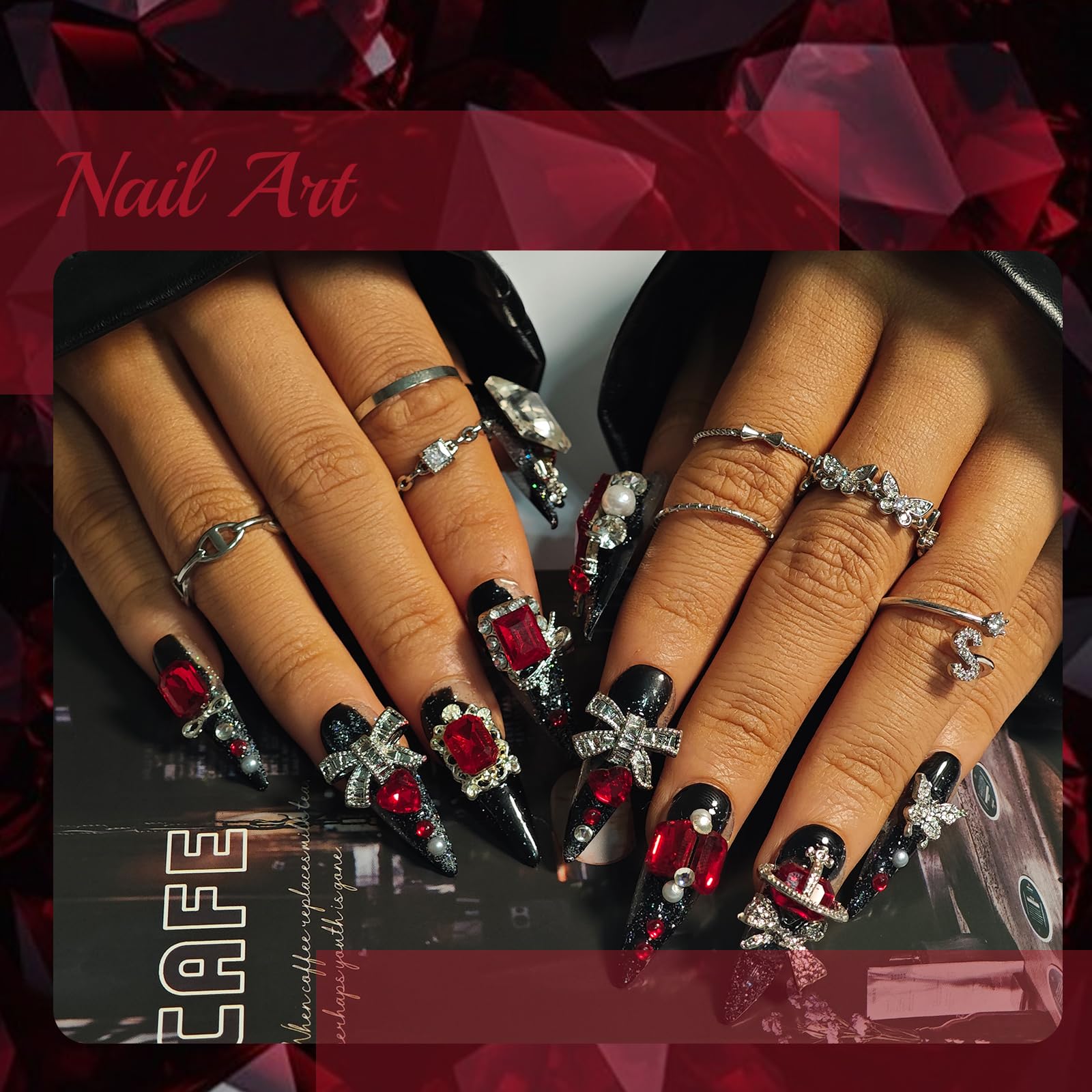 KimKista Handmade Stiletto Nails — Black Goth Press On with Red Rhinestones (M)