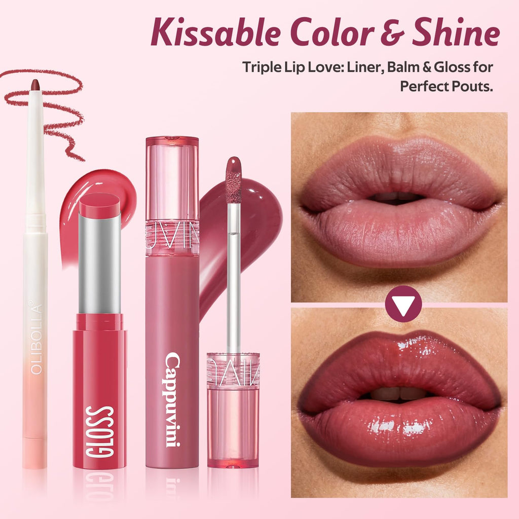 KIMUSE 3PCS Lip Combo Set – Matte Lip Liner, Hydrating Tinted Lip Balm & Juicy Lip Gloss Tint | Non-Sticky, Long-Lasting