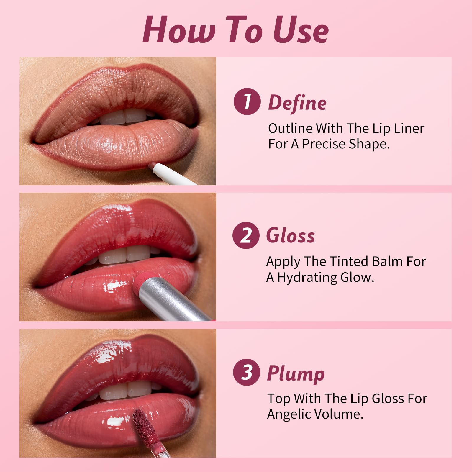 KIMUSE 3PCS Lip Combo Set – Matte Lip Liner, Hydrating Tinted Lip Balm & Juicy Lip Gloss Tint | Non-Sticky, Long-Lasting