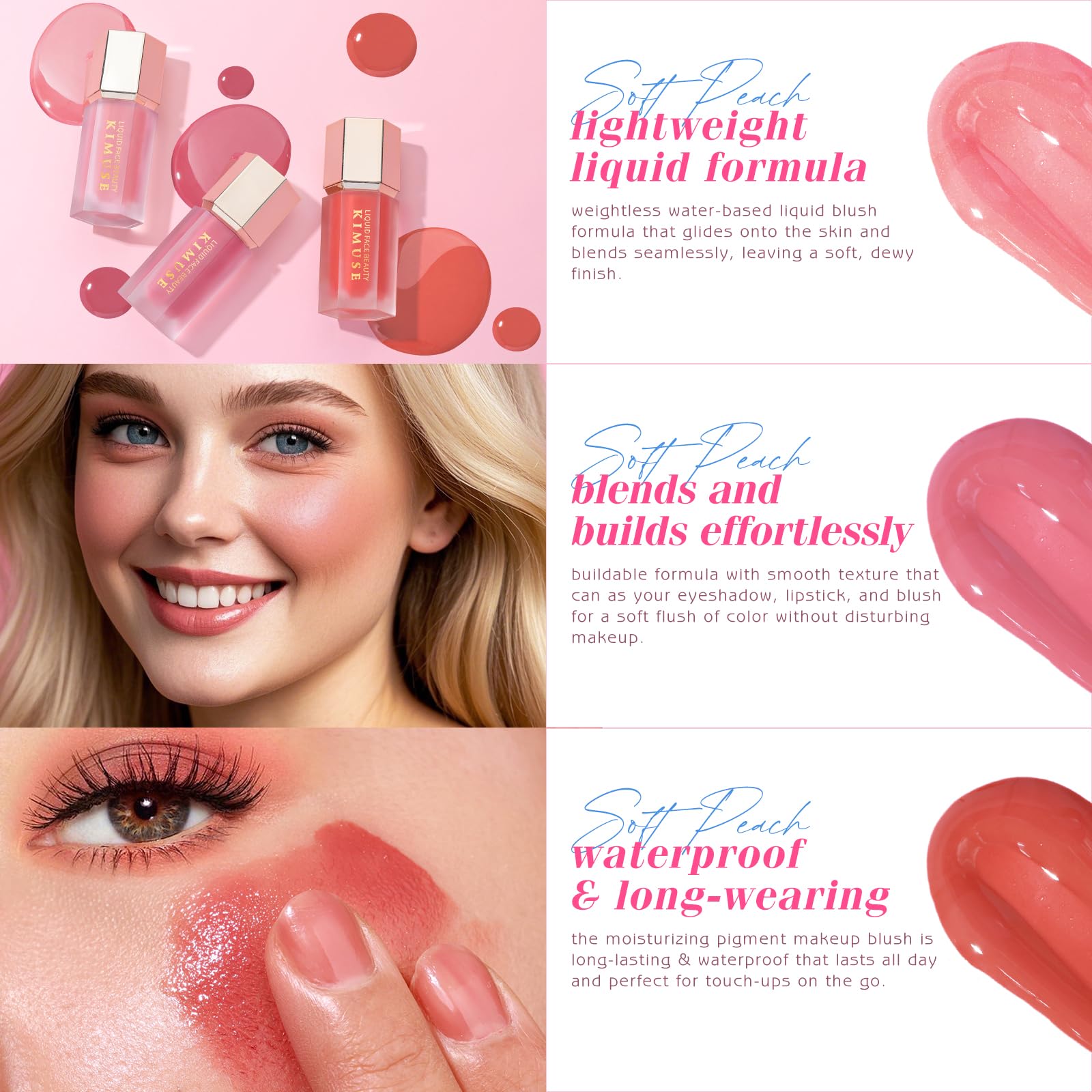KIMUSE Liquid Blush - Soft Cream Blush, Long-Wearing, Waterproof & Smudge Proof, Dewy Finish