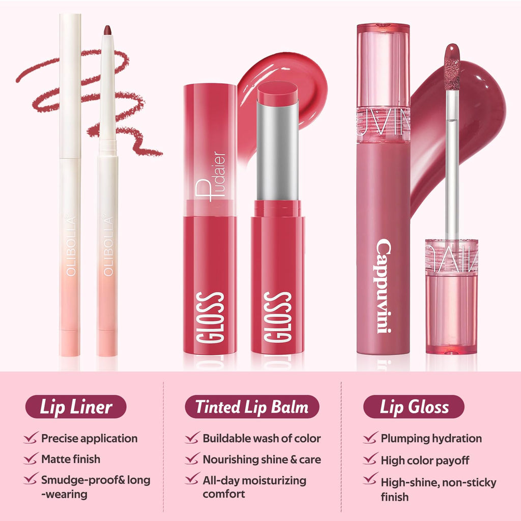 KIMUSE 3PCS Lip Combo Set – Matte Lip Liner, Hydrating Tinted Lip Balm & Juicy Lip Gloss Tint | Non-Sticky, Long-Lasting