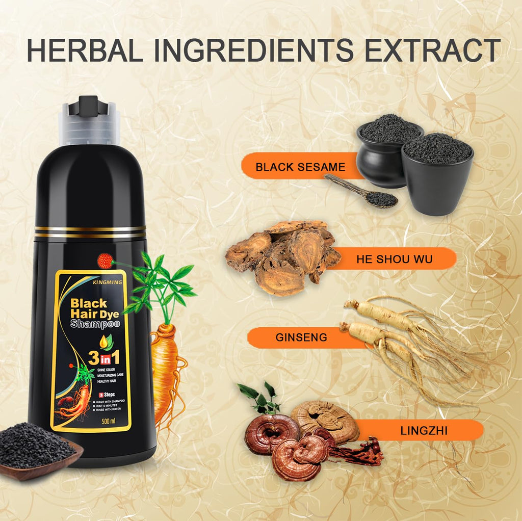 KINGMING Black Hair Dye Shampoo – 3 in 1 Herbal Color for 100% Gray Coverage (500ml)