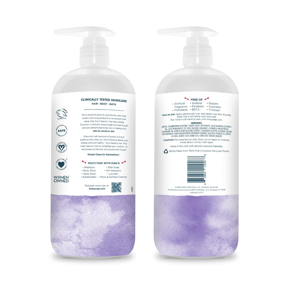 Kirk's 3-in-1 Head to Toe Nourishing Cleanser – Coconut Oil, Aloe Vera, Lavender & Vanilla – 32 oz