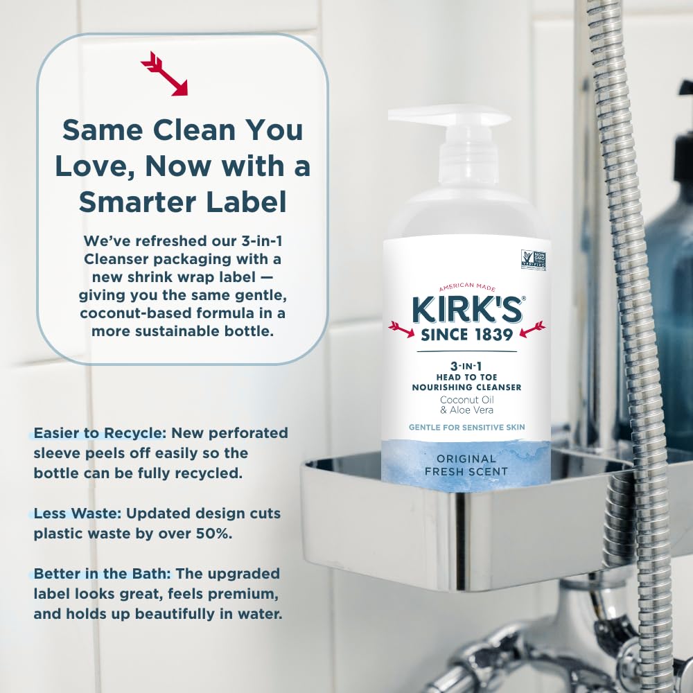 Kirk's 3-in-1 Head-to-Toe Nourishing Cleanser & Travel Bar Soap — Coconut Oil & Aloe Vera, 32 oz, 2-Pack