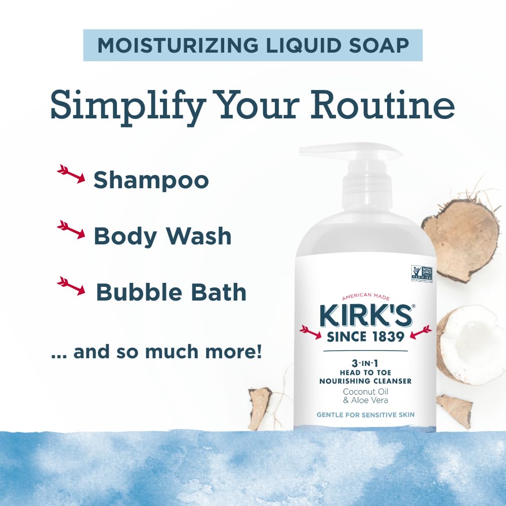 Kirk's 3-in-1 Head-to-Toe Nourishing Cleanser & Travel Bar Soap — Coconut Oil & Aloe Vera, 32 oz, 2-Pack