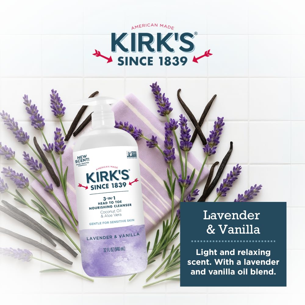 Kirk's 3-in-1 Head to Toe Nourishing Cleanser – Coconut Oil, Aloe Vera, Lavender & Vanilla – 32 oz