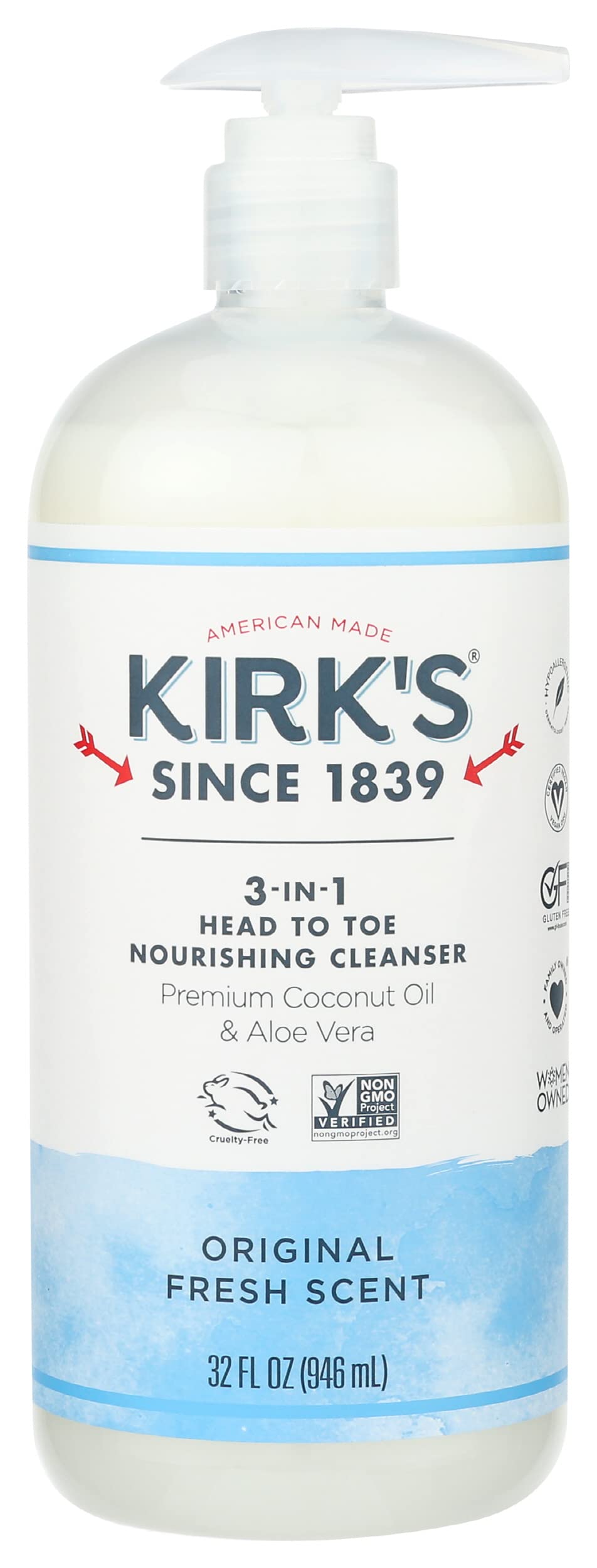 Kirk's 3-in-1 Head to Toe Clean Body Wash – Nourishing Cleanser, Original Fresh Scent, 32 oz